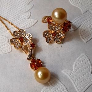 925 Genuine Golden South Sea Pearl, Madeira Citrine, White Zircons, 10.5mm. FIRM